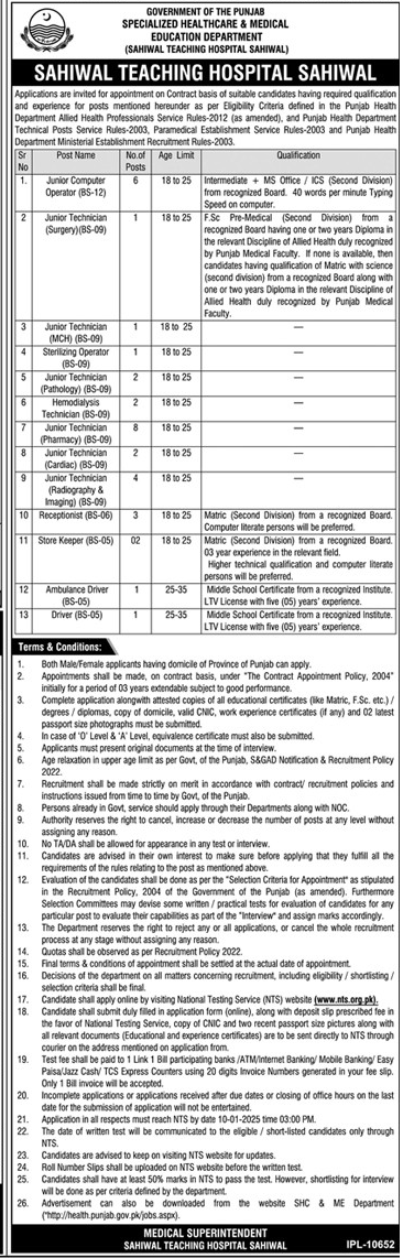 BPS-05 to BPS-12 Vacancies Health Department Sahiwal 2024
