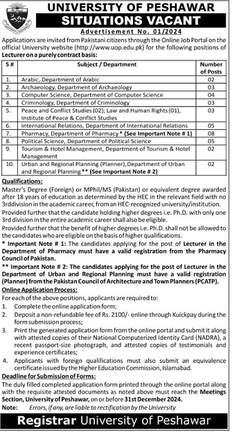 Contractual Lecturers Vacancies 2024 in University of Peshawar