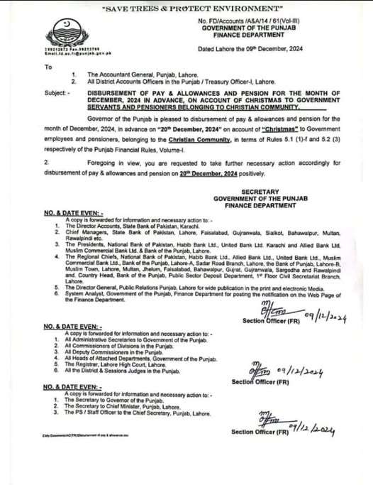 Notification Advance Salary and Pension Dec 2024 Punjab Govt (Christian Community)