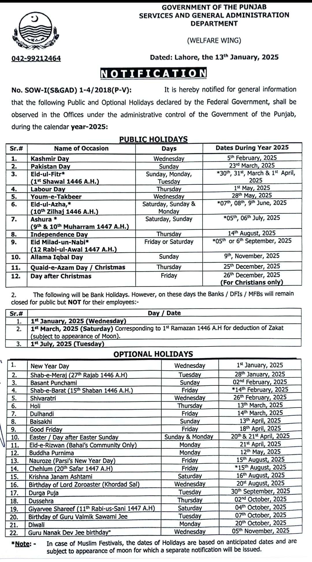 Notification Public Holidays 2025 Punjab Government (Public and Optional Holidays)