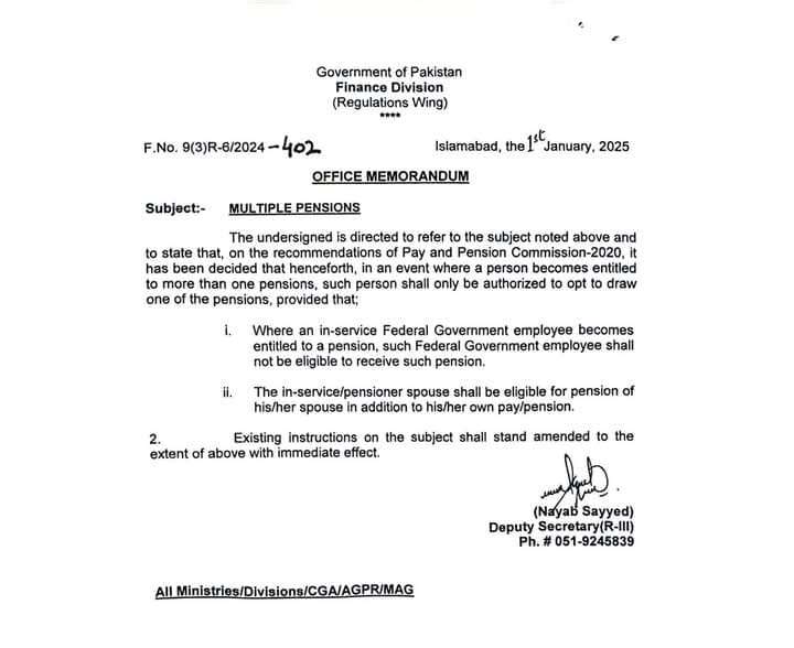 Notification of Multiple Pensions by Pensioners of Federal Government