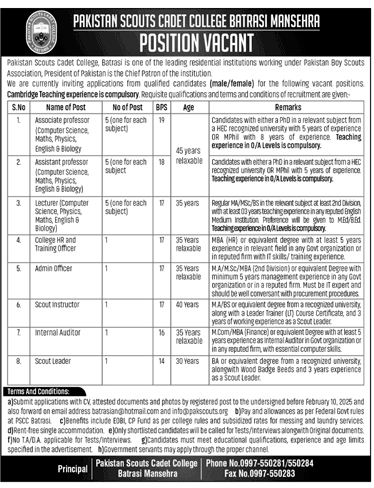 Jobs in Pakistan Scouts Cadet College Batrasi Mansehra