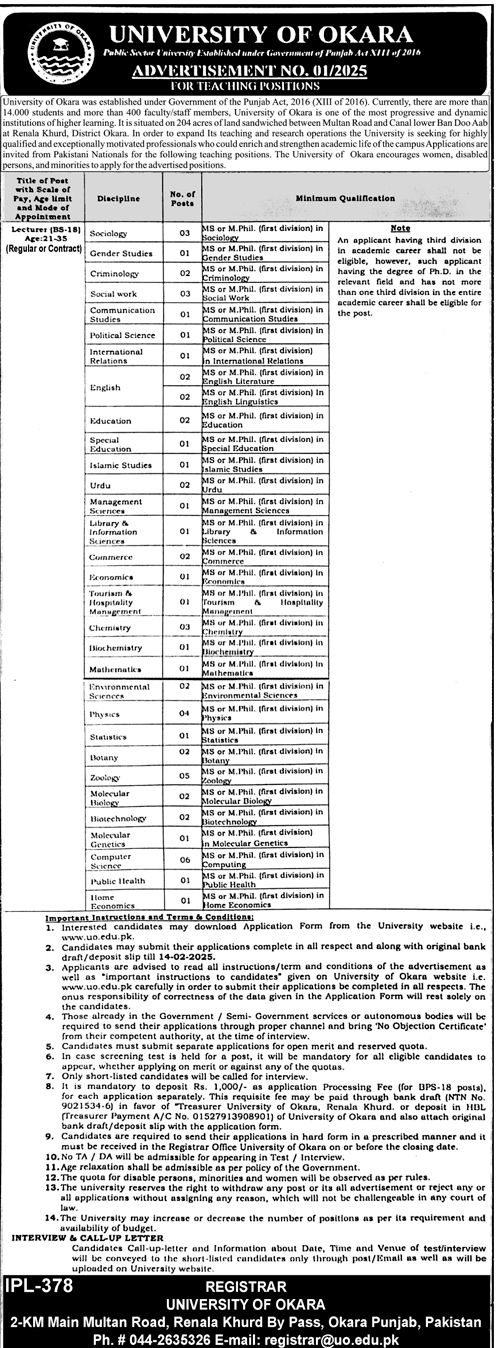 Jobs in University of Okara 2025