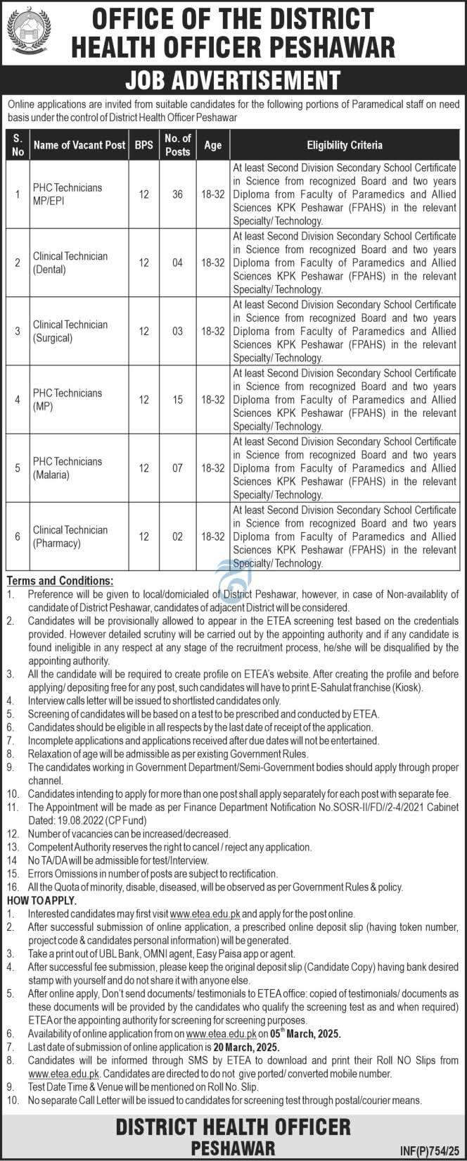 Technicians (BPS-12) Vacancies 2025 in KPK