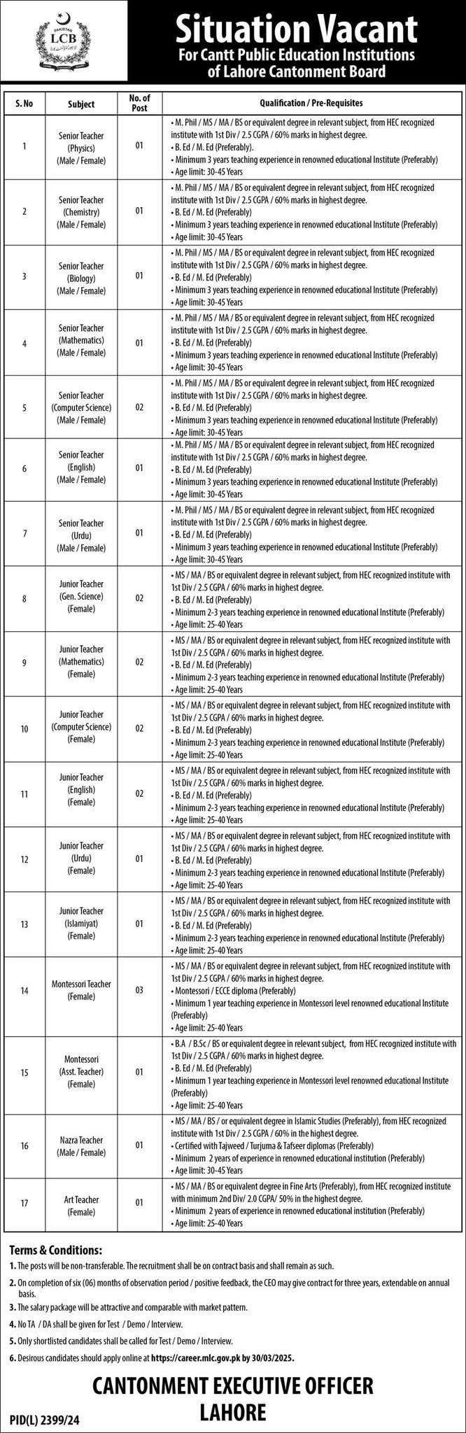 Apply Online for Cantt Public Education Institutions Vacancies 2025