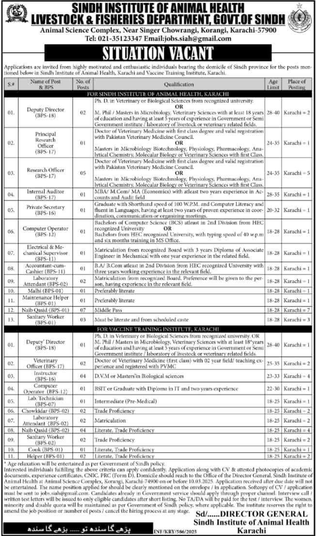 BPS-01 to BPS-18 Vacancies 2025 in the SIAHL & Fisheries Department