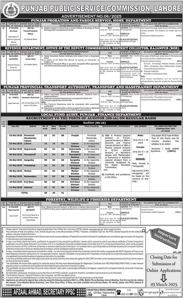 Auditors and Junior Clerks Jobs through PPSC 2025