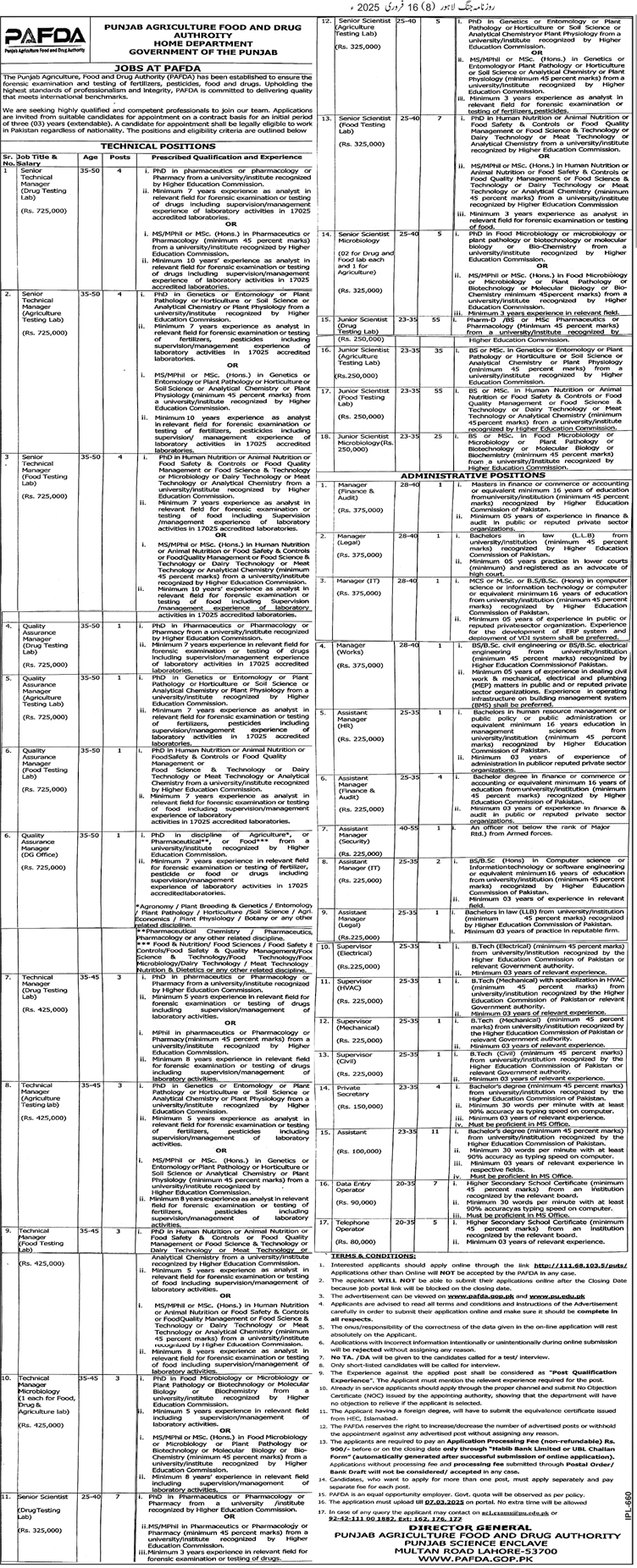The Latest Vacancies in PAFDA Home Department Punjab 2025