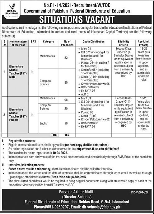 The Latest ESTs Vacancies 2025 FDE Islamabad 