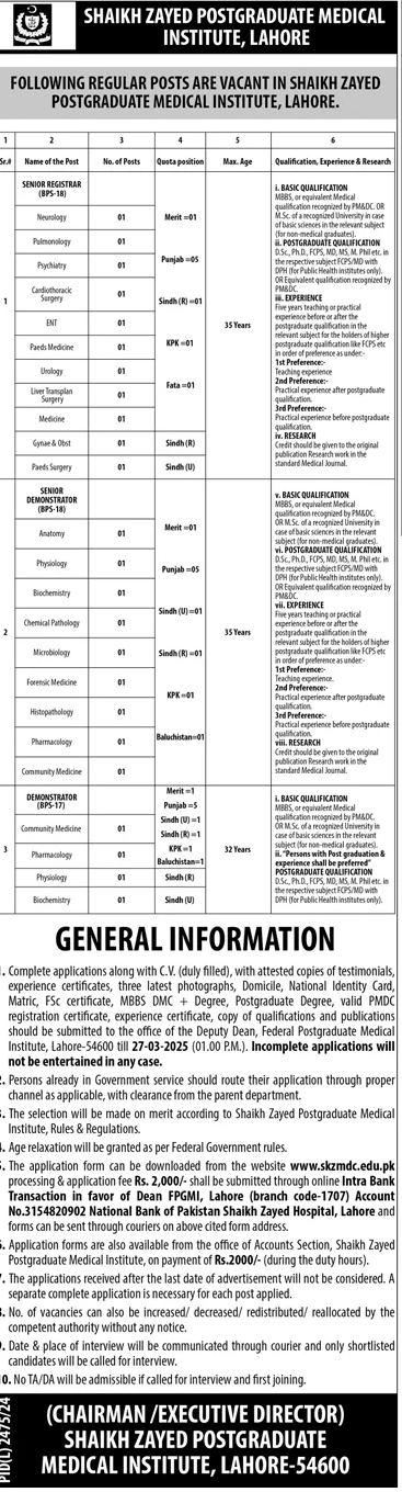 Latest Jobs in Shaikh Zayed Postgraduate Medical Institute