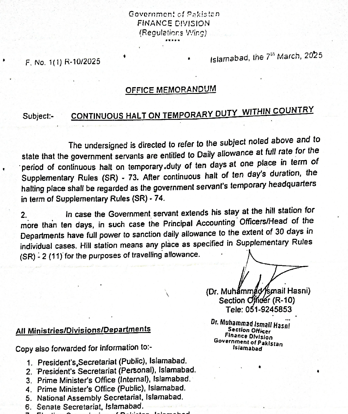 Notification Daily Allowance for Continuous Halt on Temporary Duty within Country