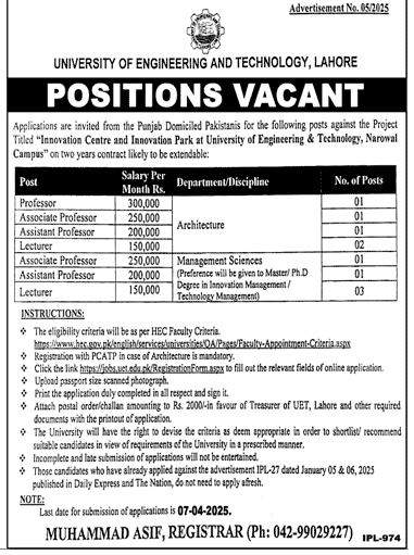 Job advertisement for faculty recruitment at UET Narowal Campus