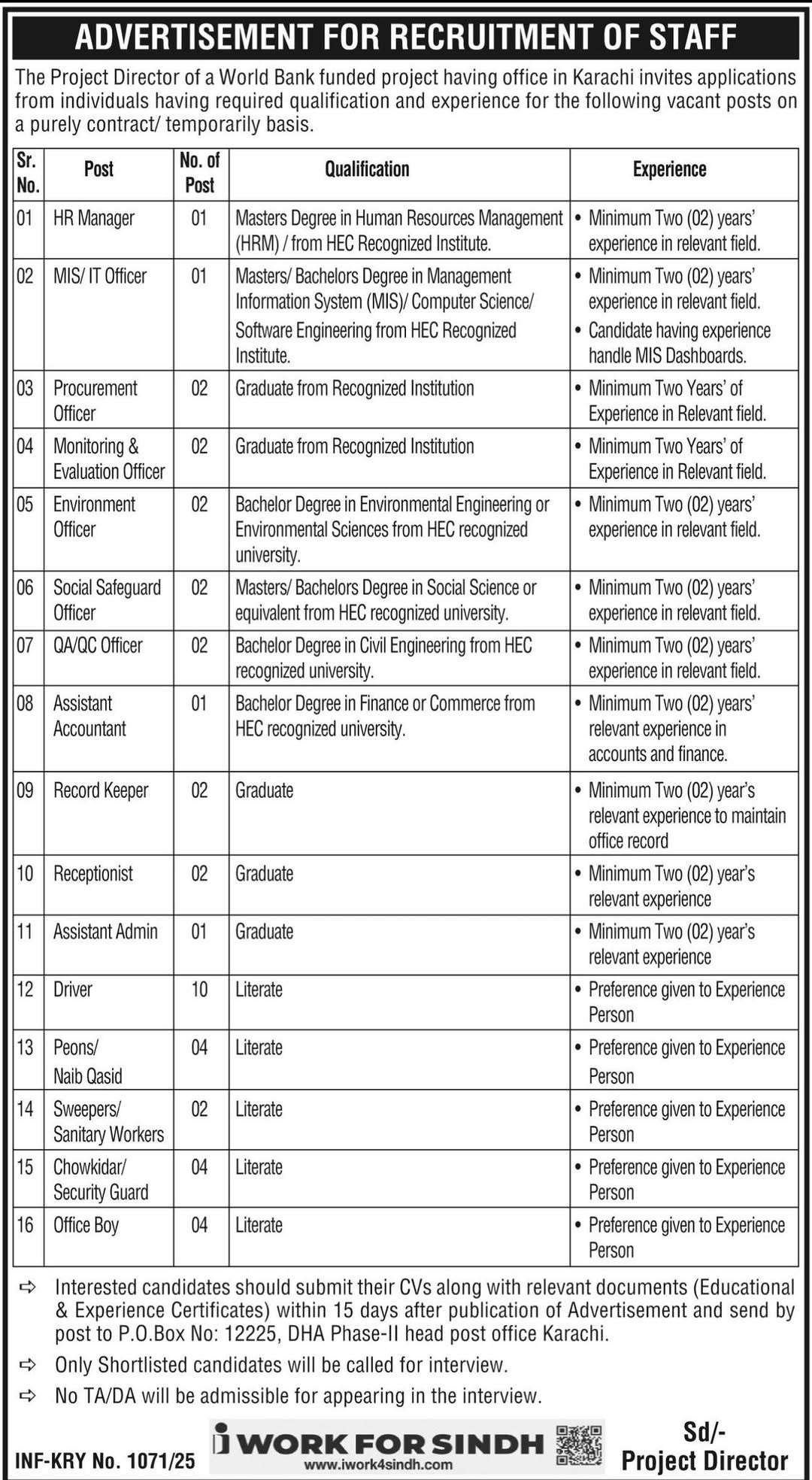 Recruitment advertisement for various positions at a World Bank funded project in Karachi.