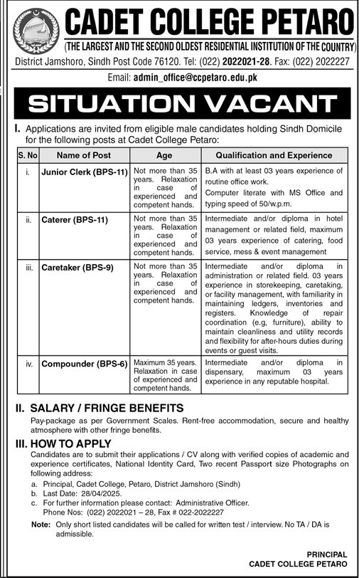 BPS-06 to BPS-11 Vacancies in CC Petaro 2025
