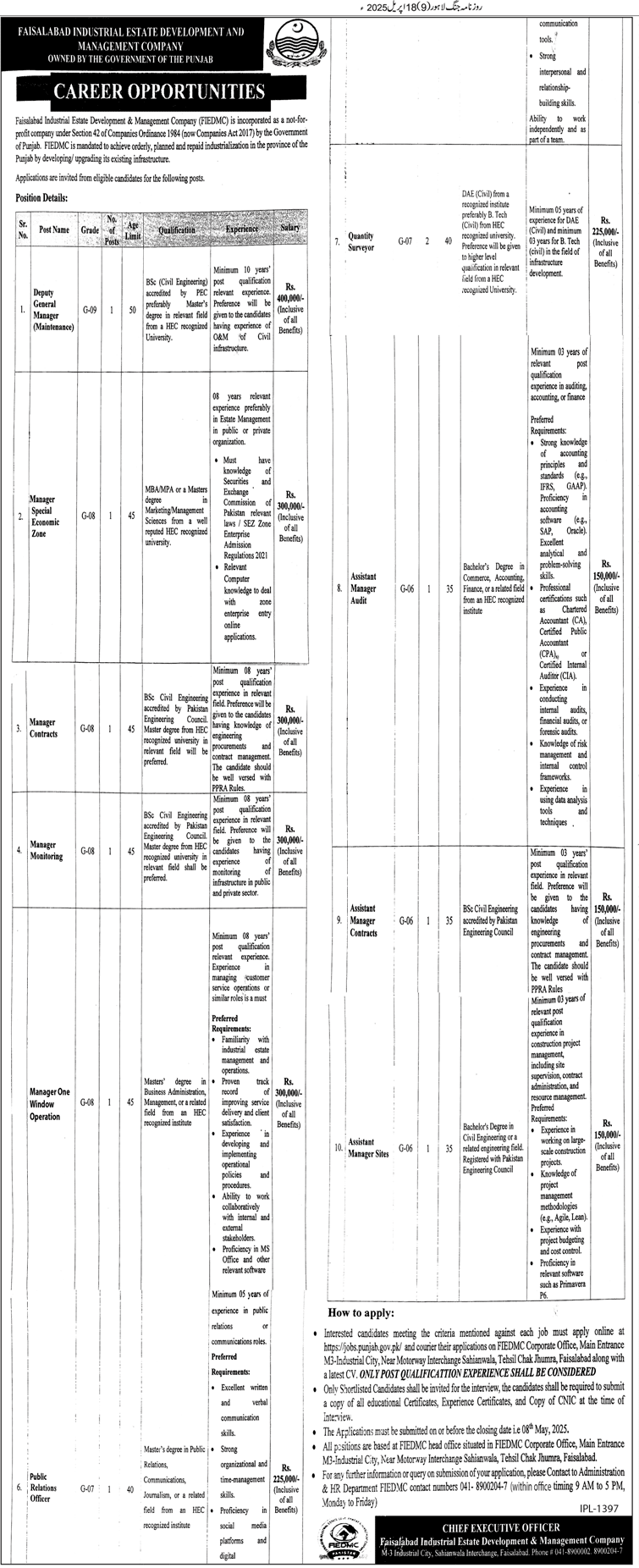 Vacancies in the Faisalabad Industrial Estate Development and Management Company