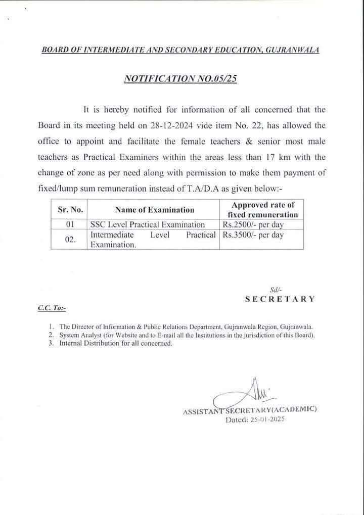 Revised Rates of Practical Exams Remuneration 2025 BISE Gujranwala