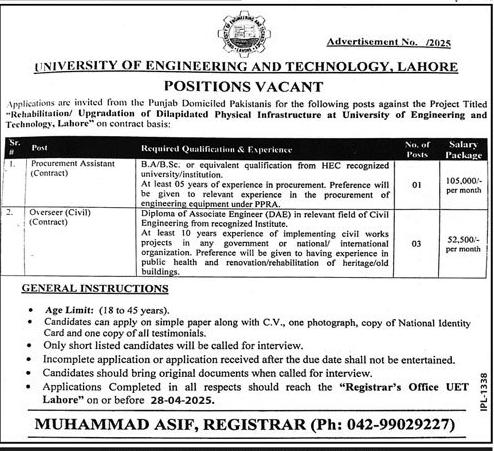 UET Lahore Jobs Advertisement April 2025 for Procurement Assistant and Overseer Civil