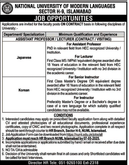 The Latest Teaching Vacancies in NUML April 2025