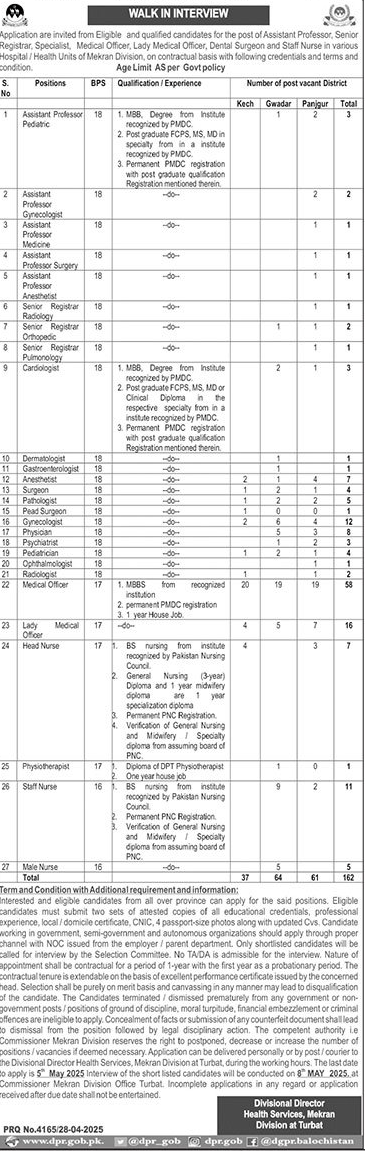 Government job advertisement for walk-in interviews in Balochistan Health Services 2025