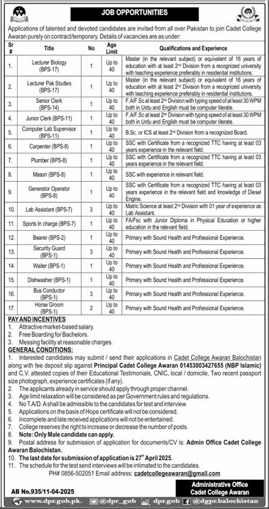 BPS-01 to BPS-07 Teaching and NTS Vacancies 2025 in CC Awaran