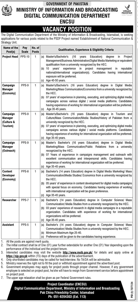 Government job advertisement for digital communication jobs in Pakistan 2025