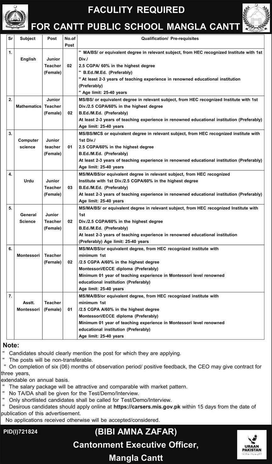 New Teaching Vacancies 2025 in Cantt Public School, Mangla Cantt
