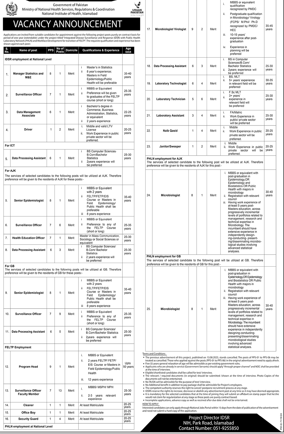 PPS-01 to PPS-08 Contractual Vacancies in NIH Islamabad 2025