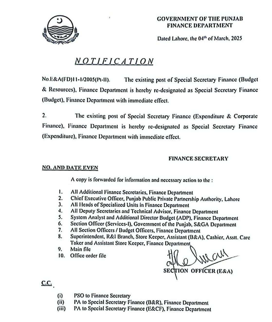 Notification Redesignation of Special Secretary Finance in Punjab (2025)