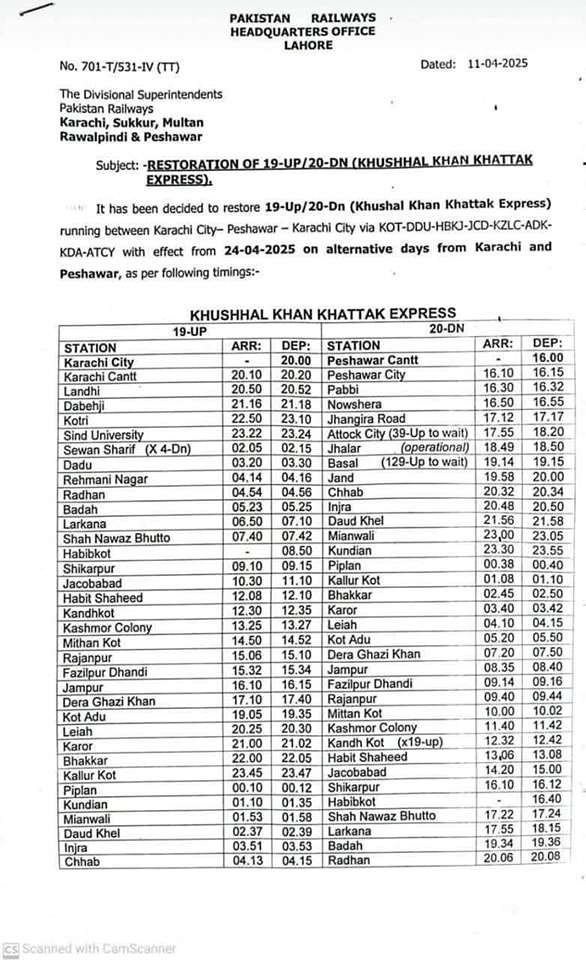Restoration Train Peshawar Mianwali DG Khan and Karachi 2025