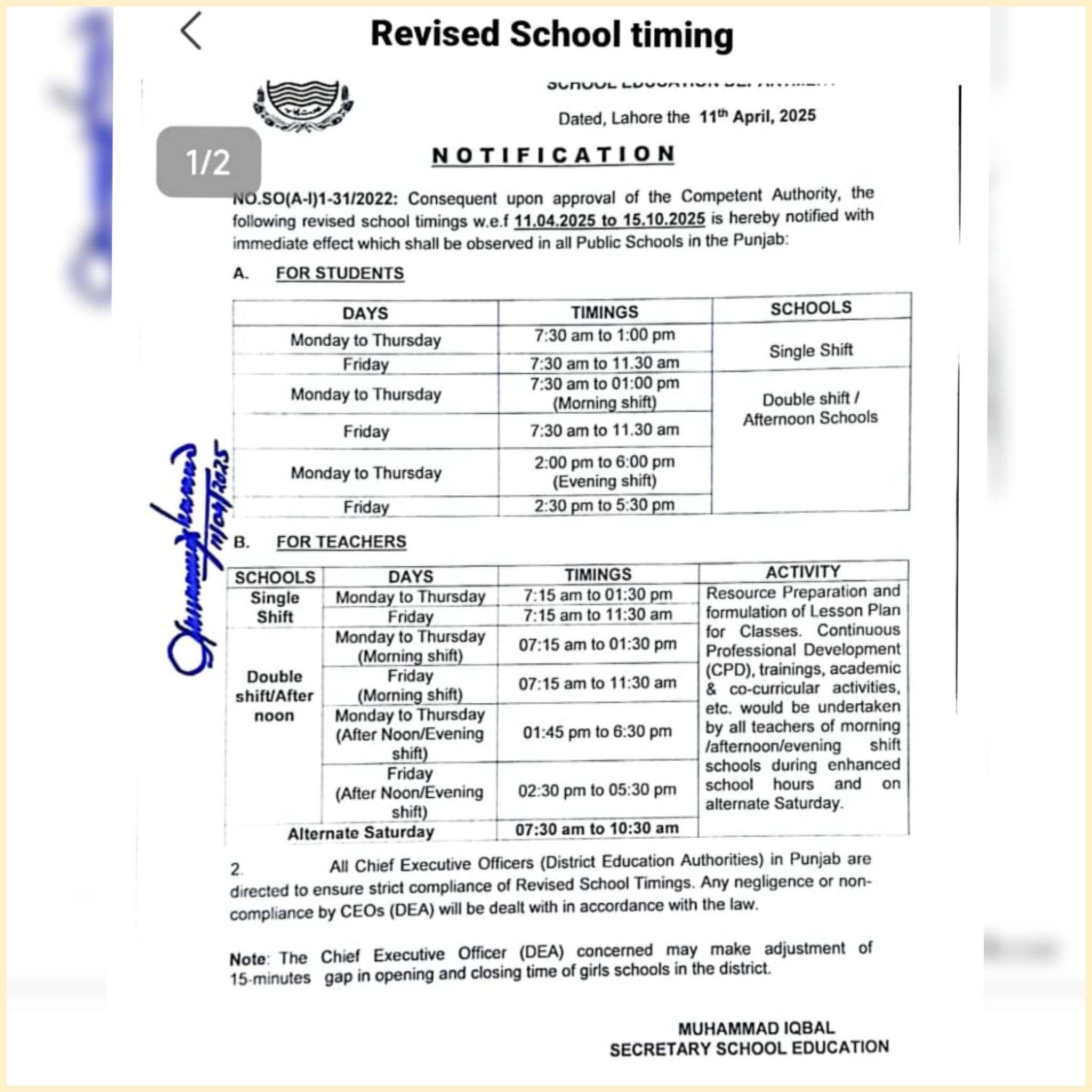 Revised School Timings Punjab Schools 2025