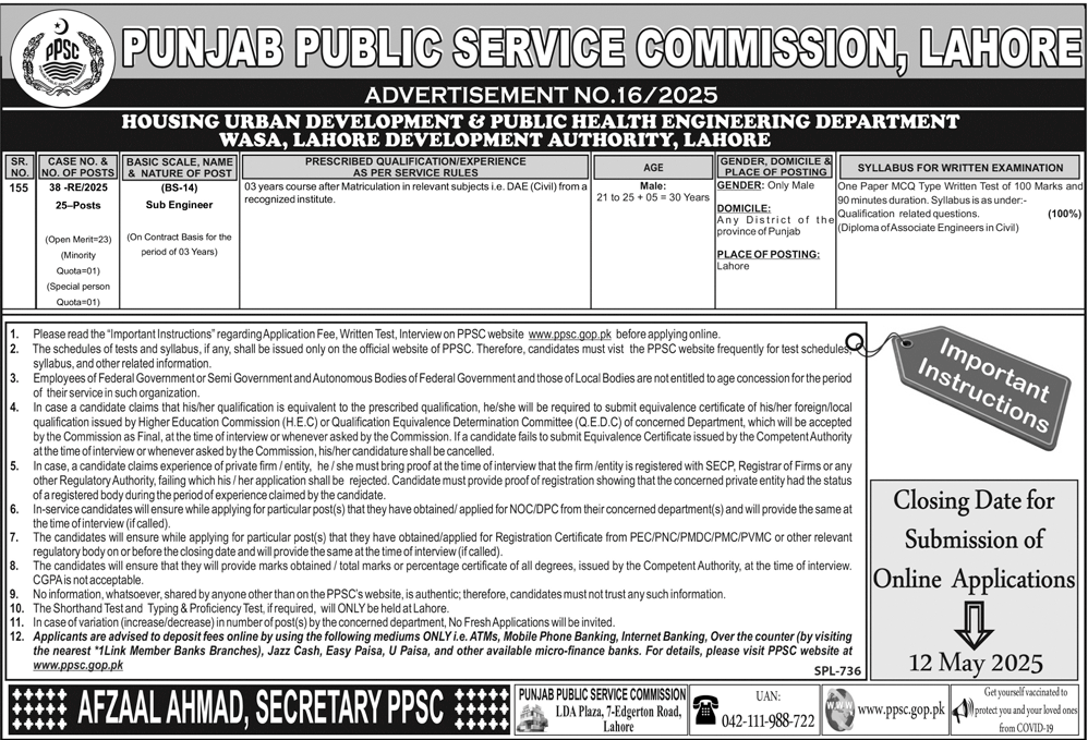 The Latest Sub-Engineers (BPS-14) Vacancies 2025 through PPSC