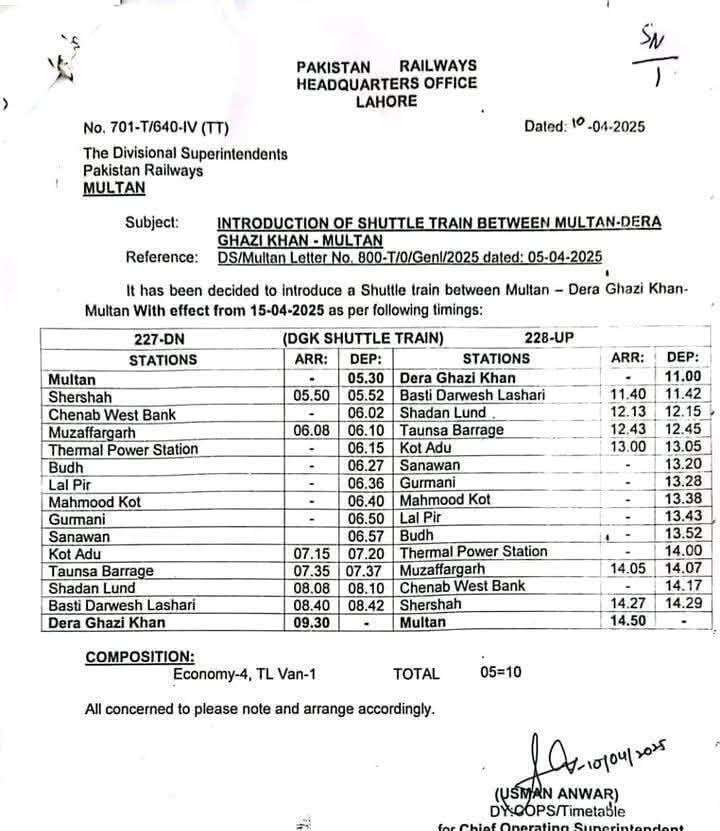 Schedule of Shuttle Train Service Between Multan and Dera Ghazi Khan 2025