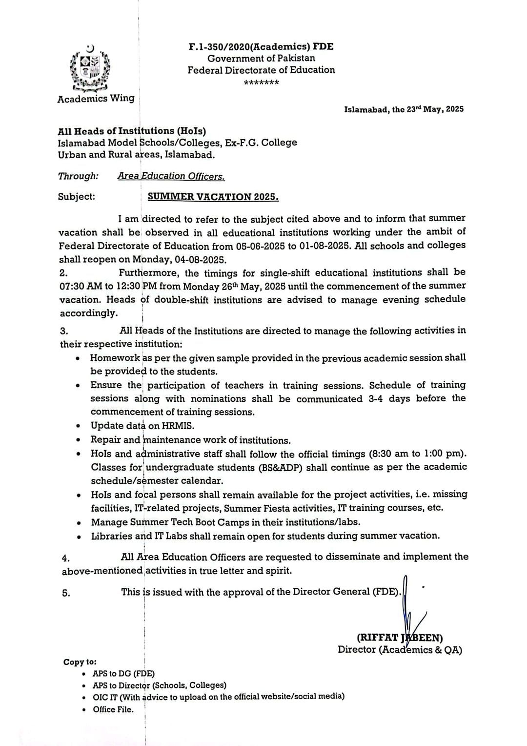 Summer Vacations 2025 Federal Educational Institutions (FDE)