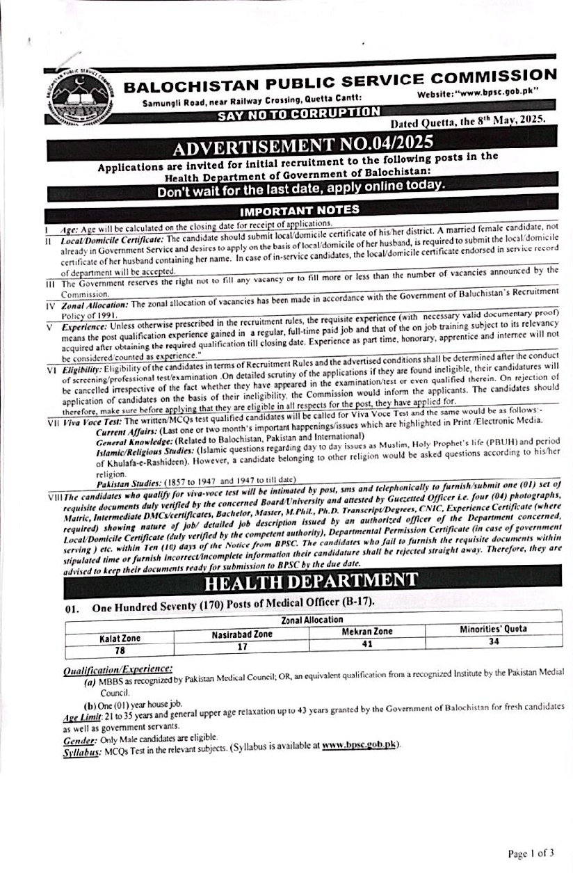 BPSC Jobs Ad No 04/2025 (Health Department Balochistan)