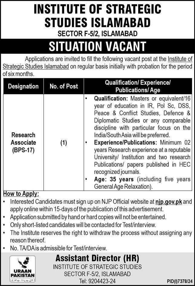 Vacancy notice for Research Associate at Institute of Strategic Studies Islamabad