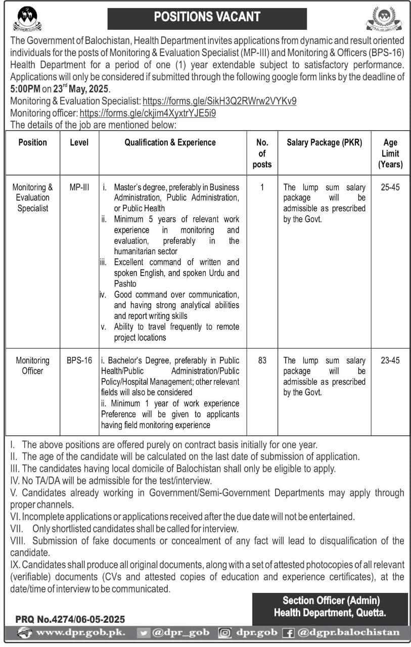 BPS-16 and MP-III Vacancies in Health Department Balochistan 2025