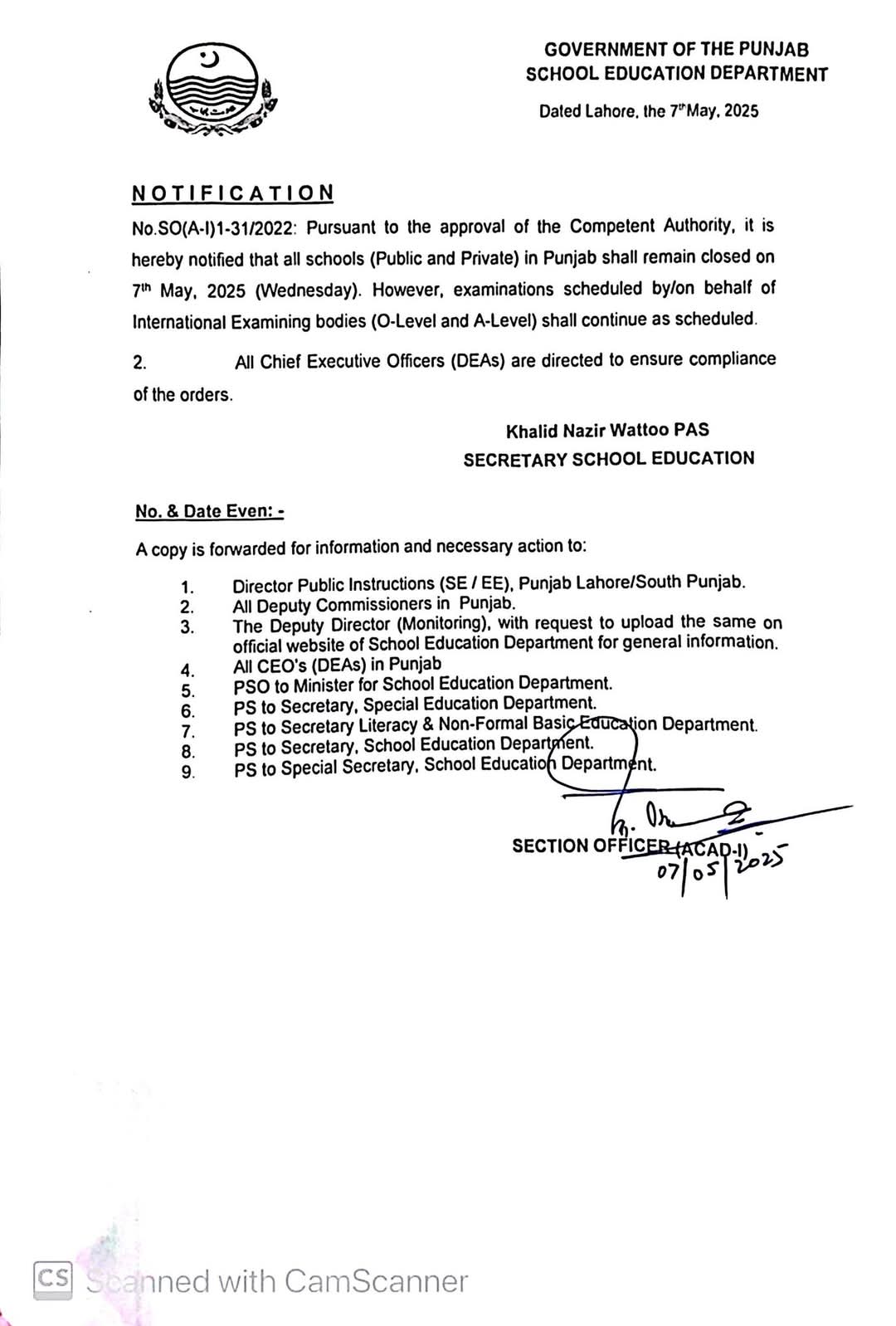 Holidays Closing All Universities and Colleges on 07-05-2025