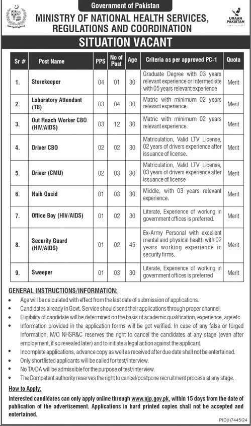 Ministry of National Health Services Job Advertisement May 2025