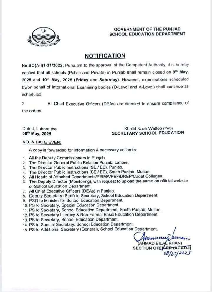Notification Closing Schools 9th and 10th May 2025 (Friday and Saturday)