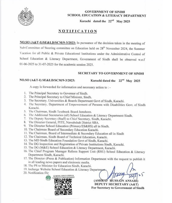 Notification Summer Vacation 2025 Sindh Education Department