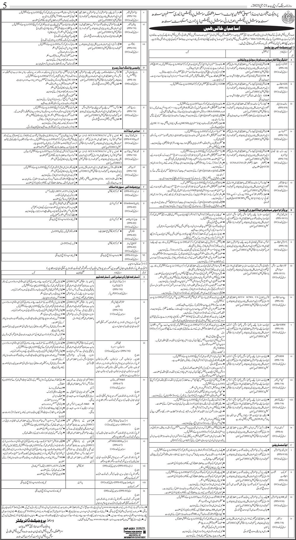 PPS-01 to PPS-10 Vacancies in SSPA SPD Govt of Sindh 2025