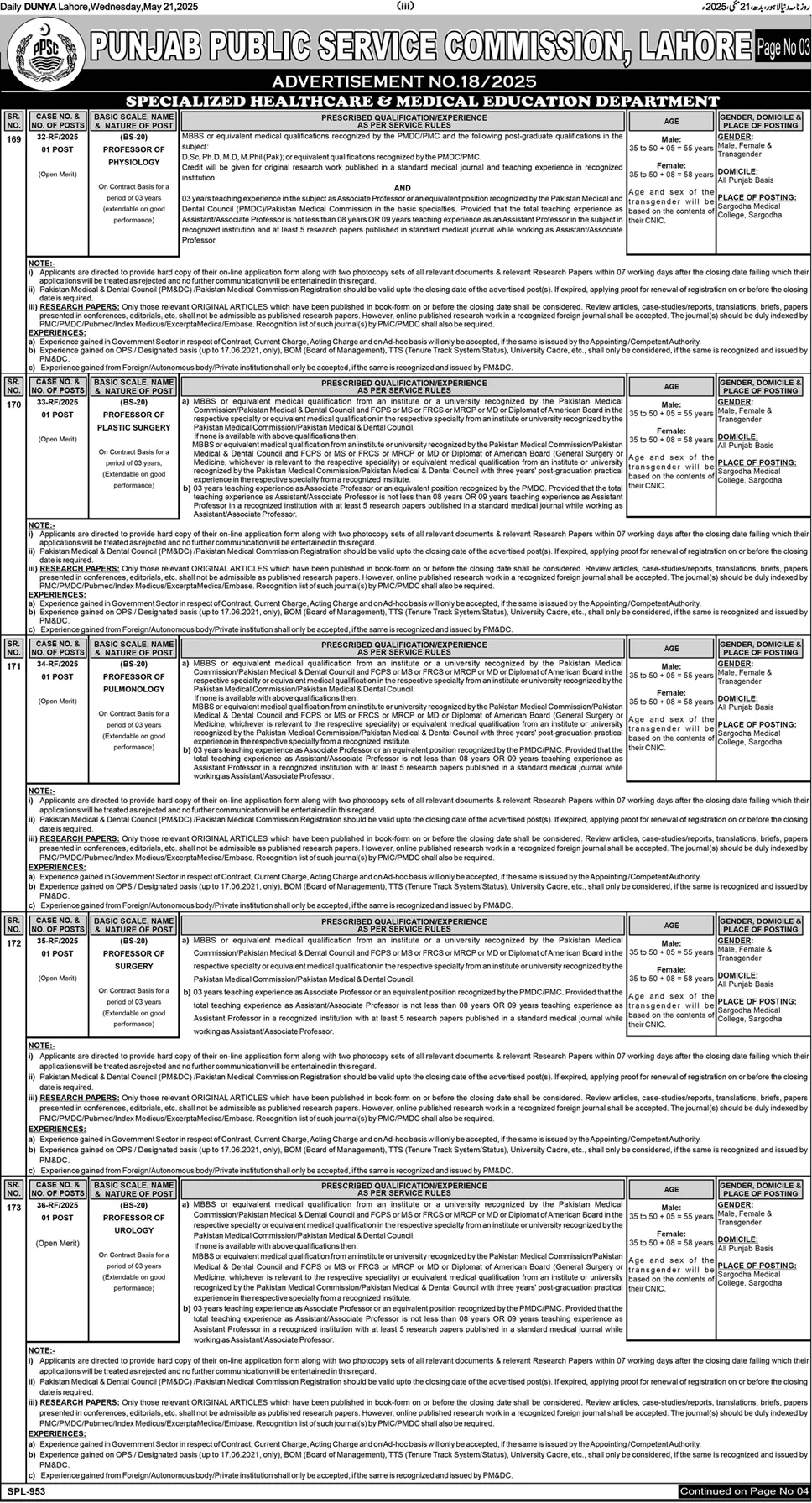Punjab Public Service Commission Jobs Ad No. 18/2025 