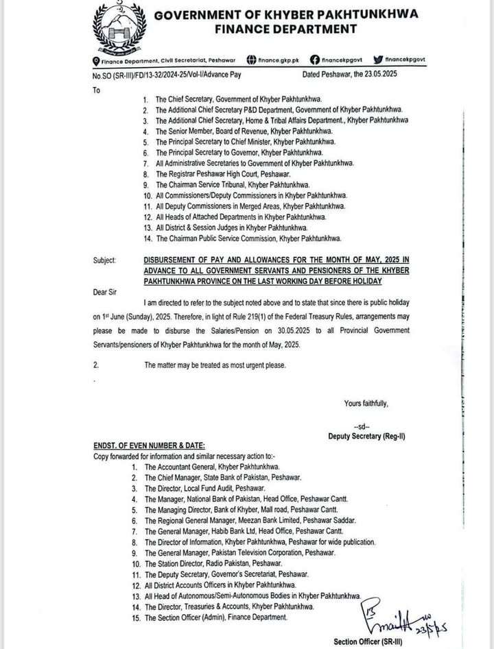 Payment Advance Salary and Pension May 2025