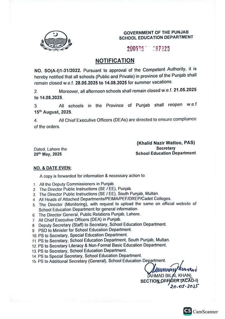 Summer Vacation 2025 SED Punjab wef 28-05-2025 to 14-08-2025