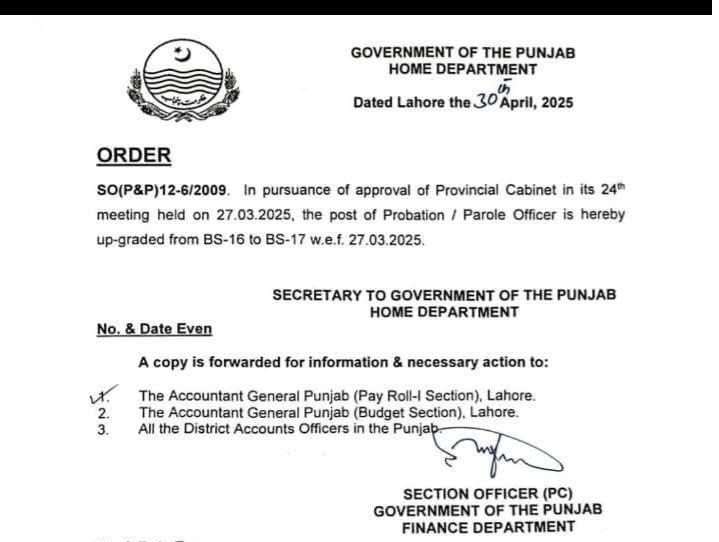 Notification Upgradation the Posts of Probation / Parole Officer ( BPS-16 to BPS-17)