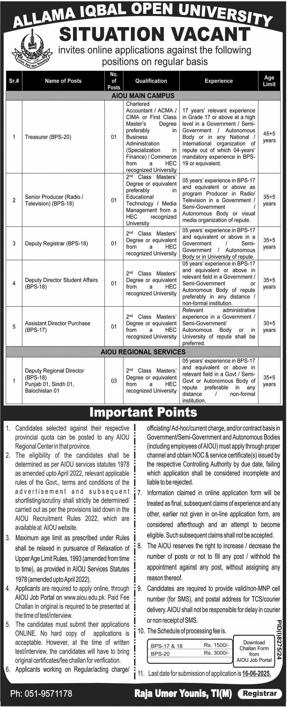 BPS-17 to BPS-20 Vacancies in AIOU Islamabad 2025