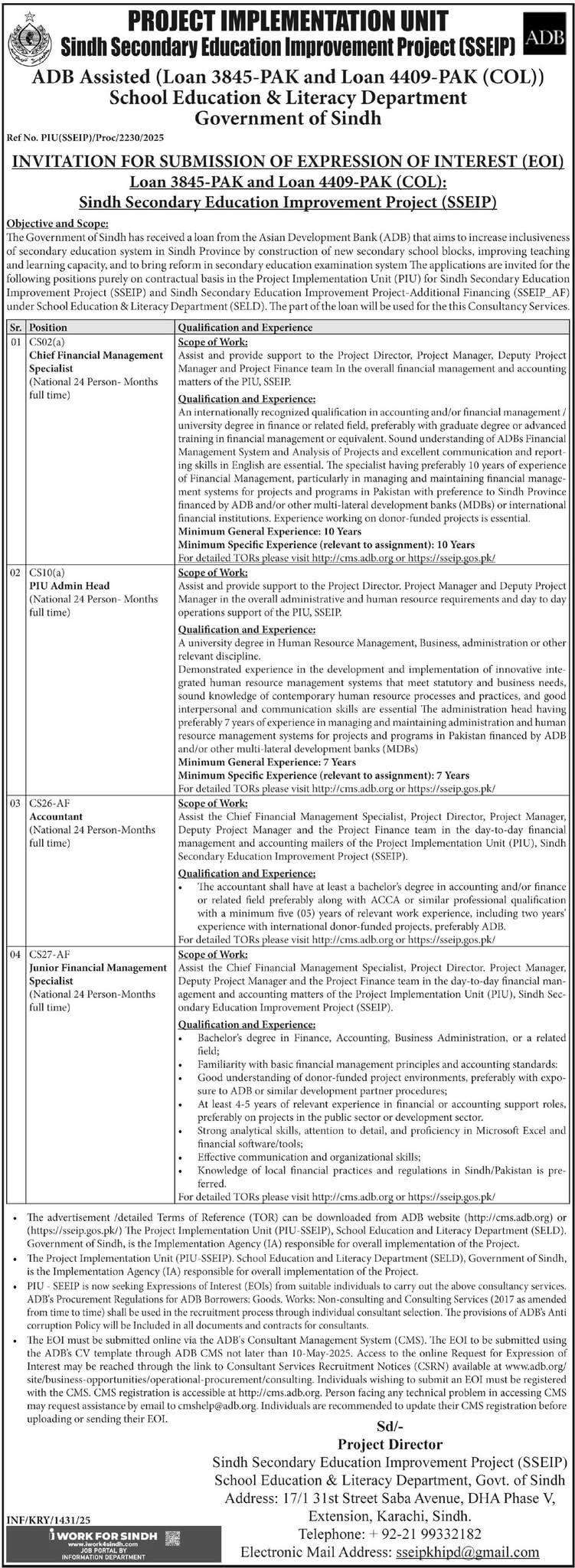 Sindh SSEIP job advertisement 2025 ADB-funded consultancy positions