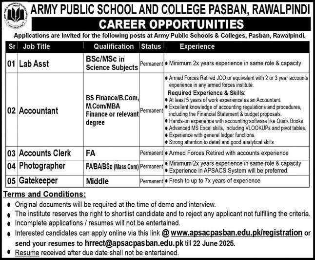 Teaching and Non-Teaching Jobs  in Army Public School and College Pasban Rawalpindi 2025