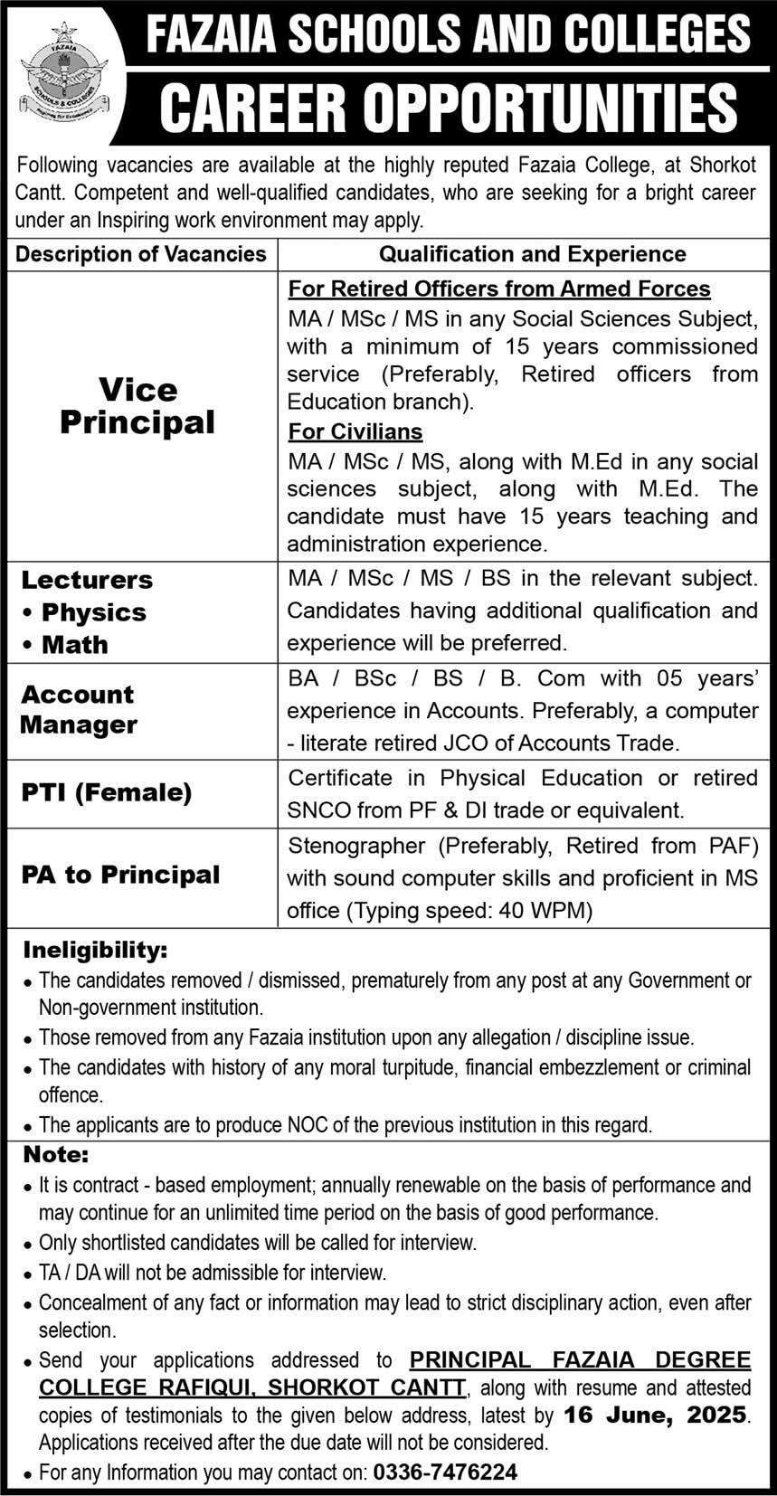 Teaching and Non-Teaching Jobs 2025  in Fazaia Schools and College Shorkot