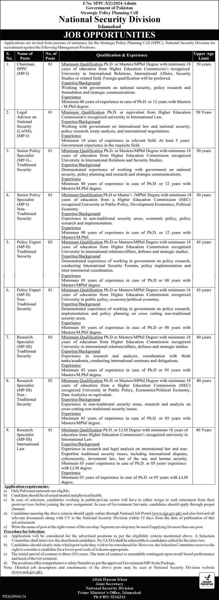 National Security Division Jobs June 2025 Advertisement – SPPC Islamabad